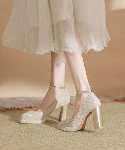 Leather Heels Champagne Splicing High Women Faux Chunky