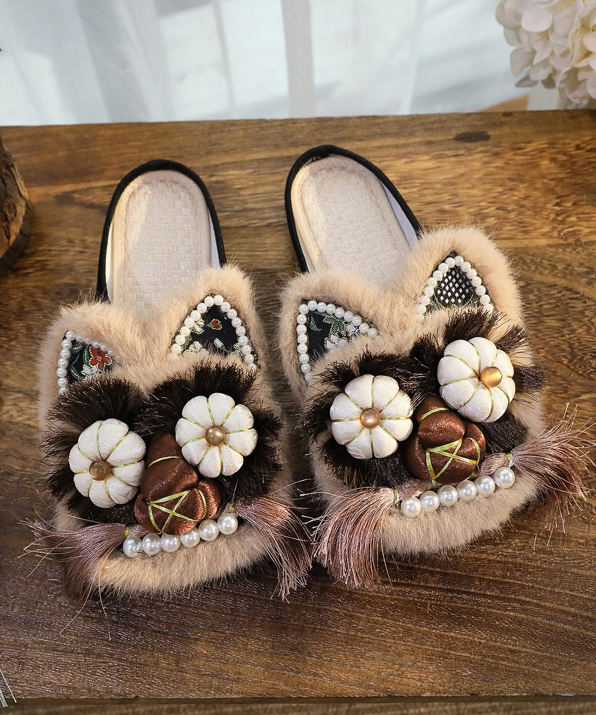 Women Splicing Slippers Shoes Coffee Embroidery Tassel TQ046