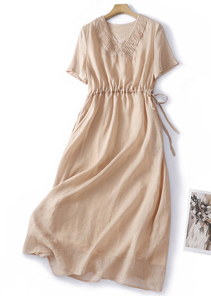 Women V Neck Lace Up Solid Linen Dress Summer GG040