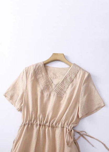 Women V Neck Lace Up Solid Linen Dress Summer GG040