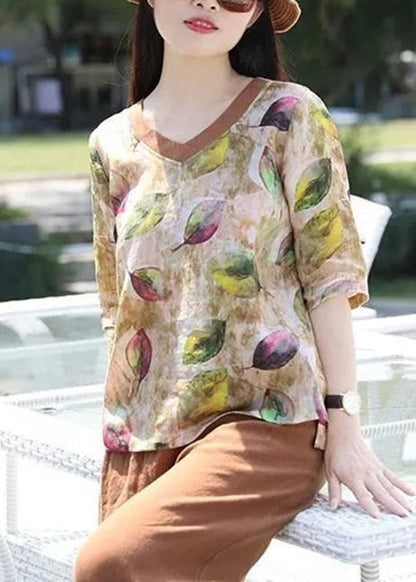 V Cotton Loose Summer Print Top Blouse Women Neck
