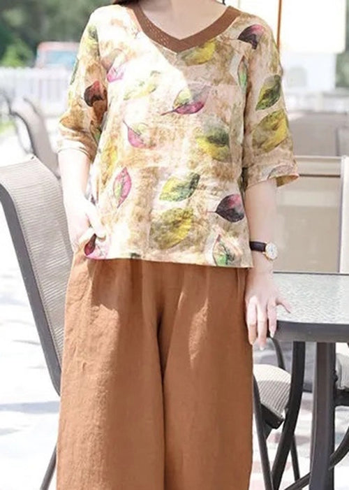 V Cotton Loose Summer Print Top Blouse Women Neck