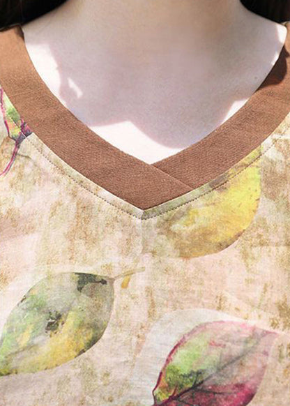 V Cotton Loose Summer Print Top Blouse Women Neck