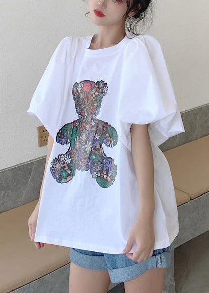 Tank Cotton Puff Bear Women White Print Tops Sleeve