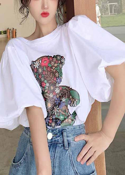 Tank Cotton Puff Bear Women White Print Tops Sleeve
