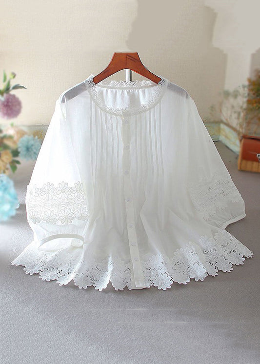 Women White Button Hollow Out Lace Patchwork Shirt Bracelet Sleeve VV002