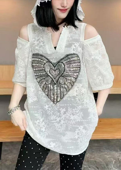 Summer White Hoodie Jacquard Shoulder Cold Cotton Women Tops