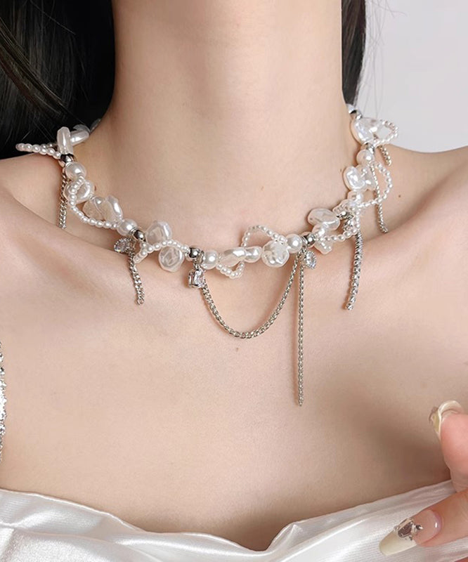 Lariat Necklace Zircon White Copper Pearl Chain Women