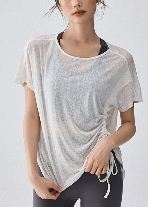 Yoga Drawstring Top White Solid Women Sleeve Short
