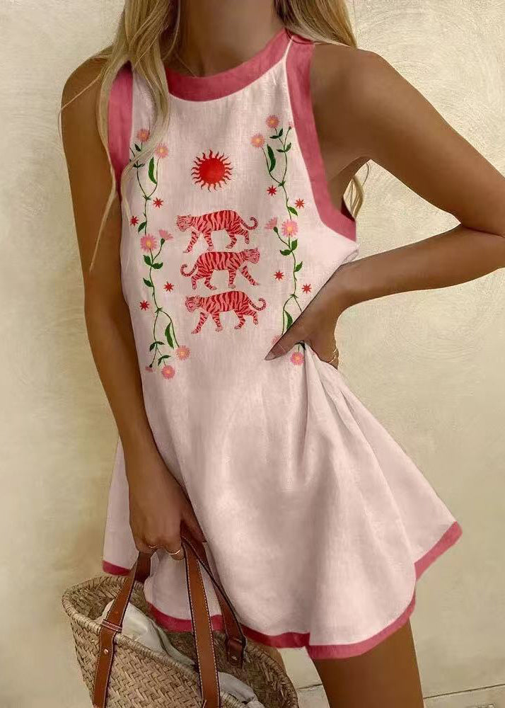 Women Sleeveless Patchwork White Neck Print Cotton Dresses O Mini