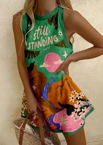 Women Sleeveless Patchwork White Neck Print Cotton Dresses O Mini