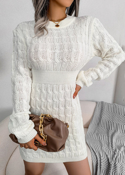 Women White O Neck Slim Fit Knit Sweater Dress Fall QR007