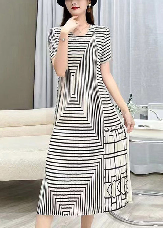 Women White O Neck Striped Wrinkled Silk Dresses Summer BV080