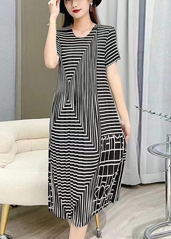 Women White O Neck Striped Wrinkled Silk Dresses Summer BV080