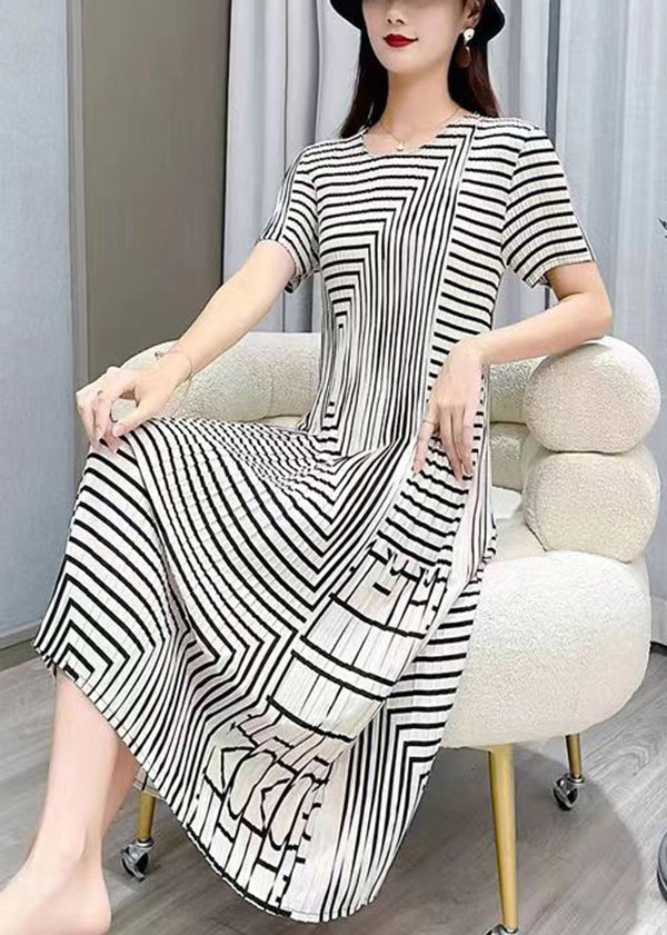 Women White O Neck Striped Wrinkled Silk Dresses Summer BV080