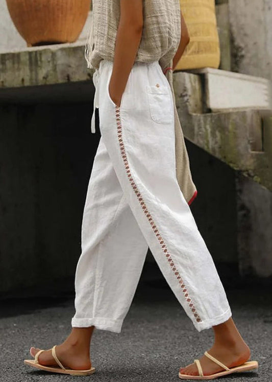 Women White Pockets Elastic Waist Cotton Crop Pants Summer FF063