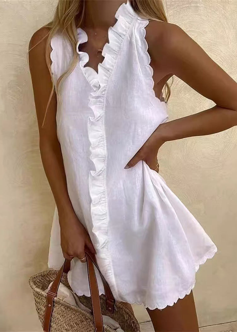 Mini Sleeveless Solid Dresses White Cotton Women Ruffled
