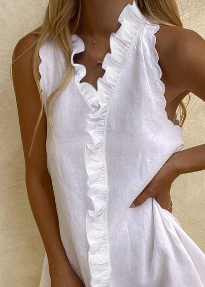 Mini Sleeveless Solid Dresses White Cotton Women Ruffled