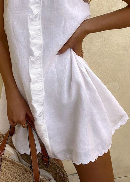 Mini Sleeveless Solid Dresses White Cotton Women Ruffled