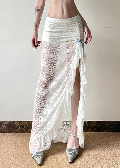 Women White Side Open Hollow Out Lace Wraped Skirts Spring YP050