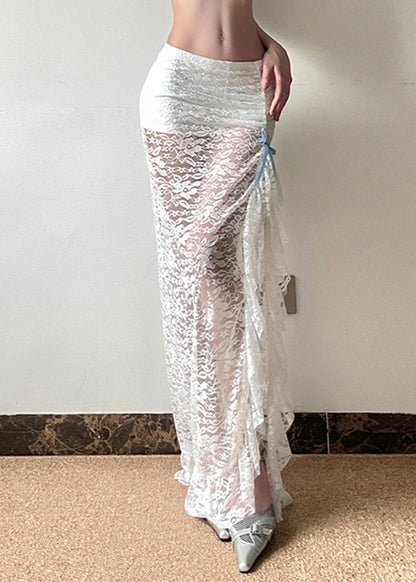 Women White Side Open Hollow Out Lace Wraped Skirts Spring YP050