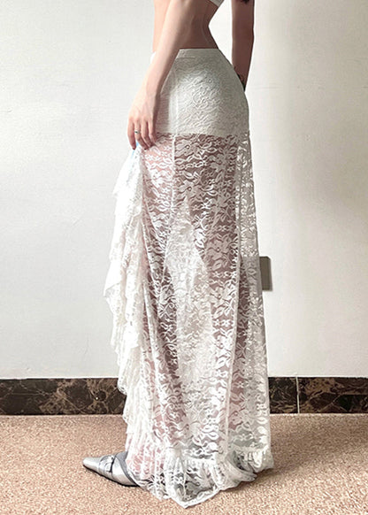 Women White Side Open Hollow Out Lace Wraped Skirts Spring YP050