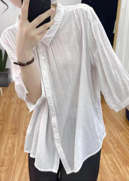 Women White Solid Button Cotton Shirts Bracelet Sleeve GH1026