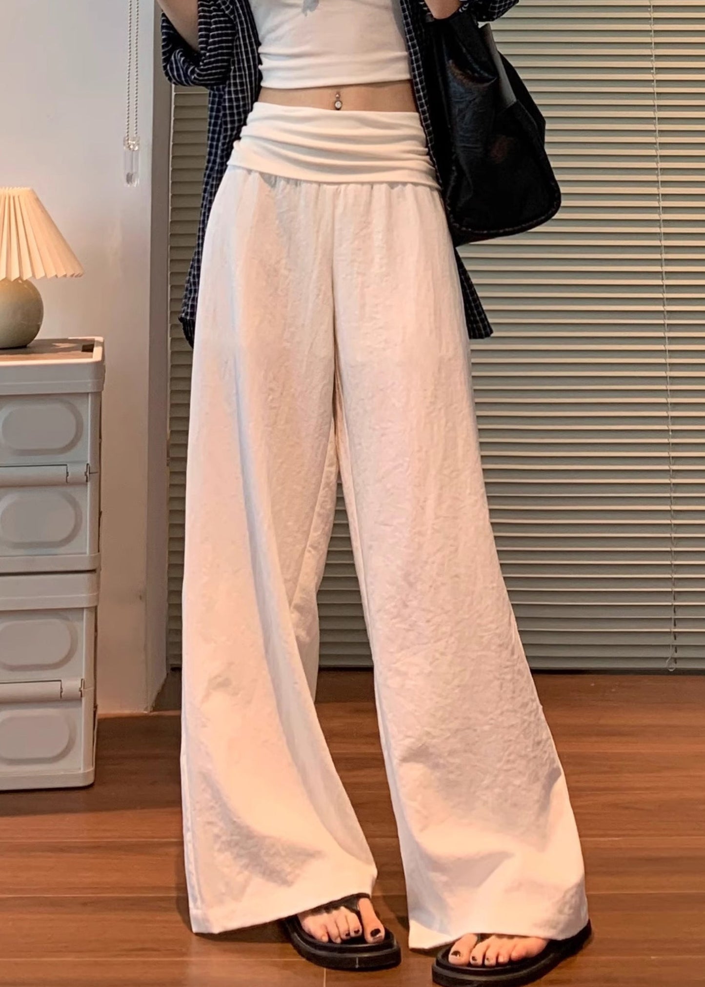 Waist Pants Elastic Linen Women White Solid Fall