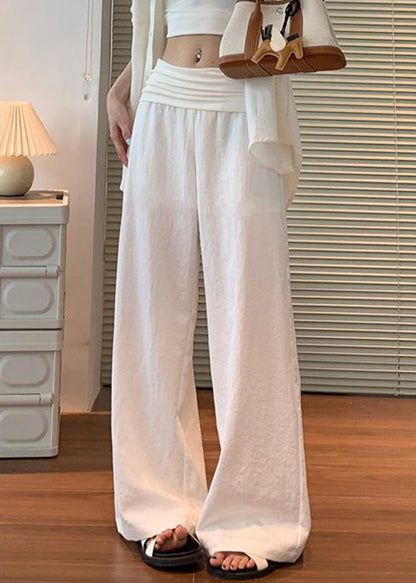 Waist Pants Elastic Linen Women White Solid Fall