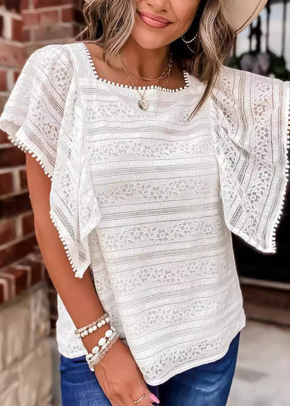 Women White Square Collar Hollow Out Lace Blouses Summer BB037