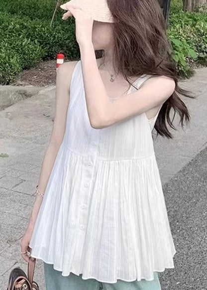 Square Sleeveless Shirt Women White Wrinkled Collar Cotton