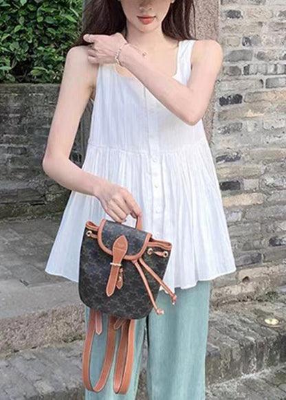 Square Sleeveless Shirt Women White Wrinkled Collar Cotton