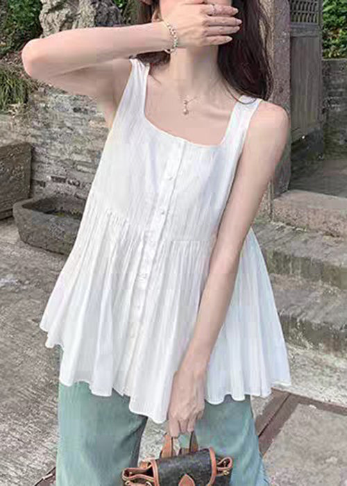 Square Sleeveless Shirt Women White Wrinkled Collar Cotton