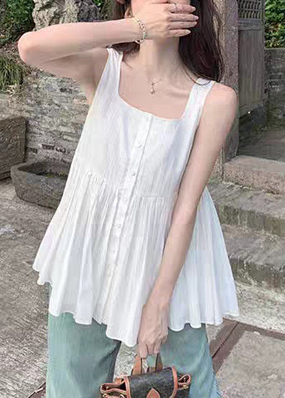 Square Sleeveless Shirt Women White Wrinkled Collar Cotton