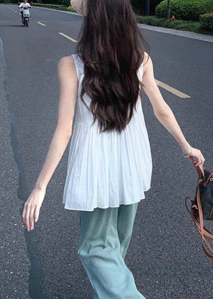 Square Sleeveless Shirt Women White Wrinkled Collar Cotton