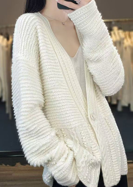 Women White V Neck Button Woolen Cable Knit Coats Spring YW021