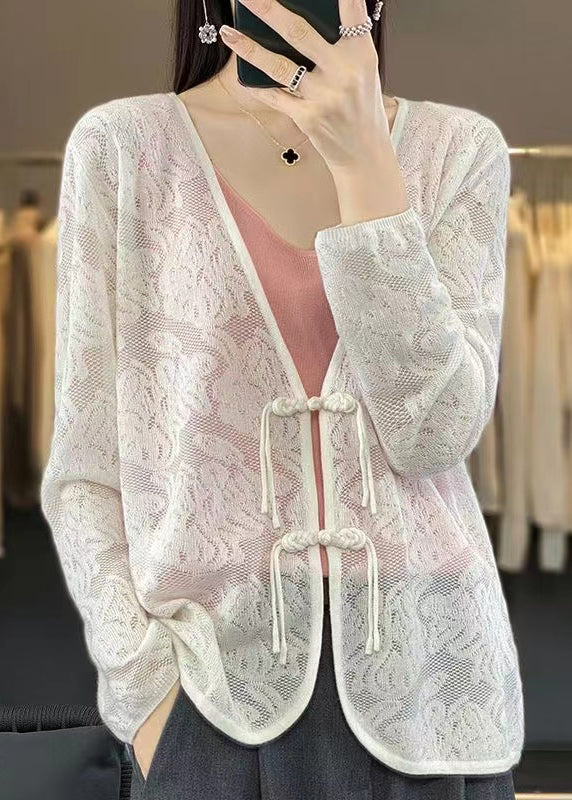 Women White V Neck Chinese Button Knit Cardigan Fall AB1049