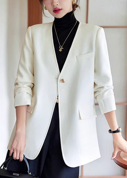 Women White V Neck Cotton Jackets Spring YJ053