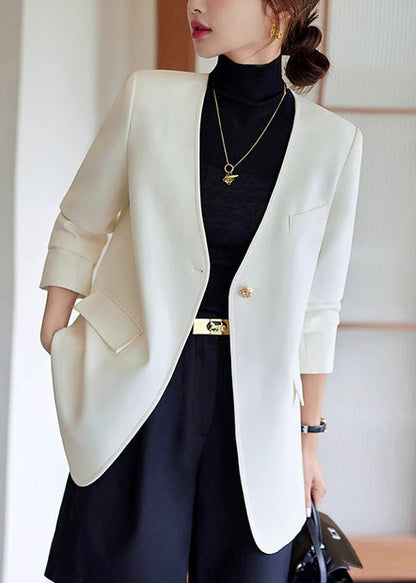 Women White V Neck Cotton Jackets Spring YJ053