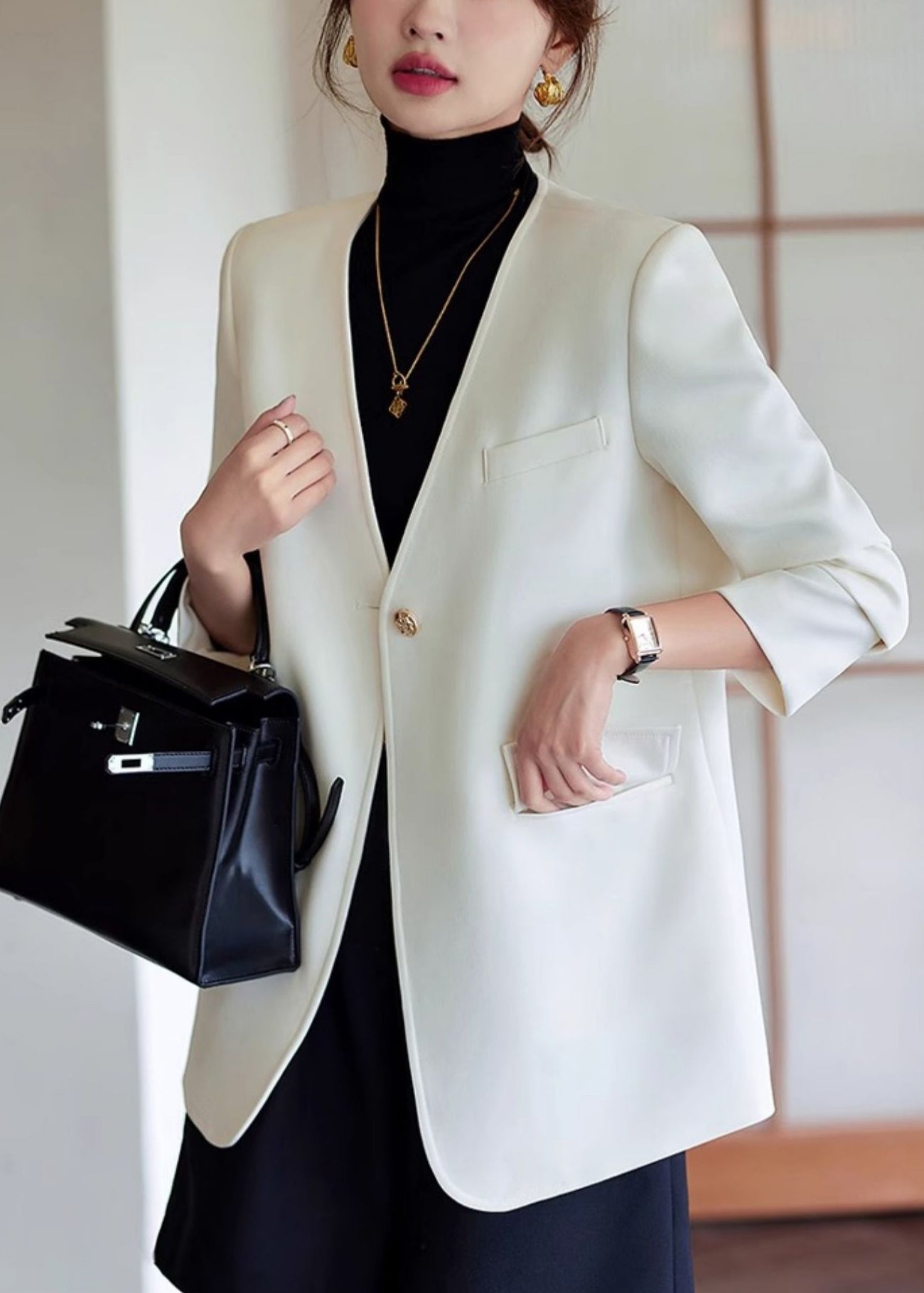 Women White V Neck Cotton Jackets Spring YJ053