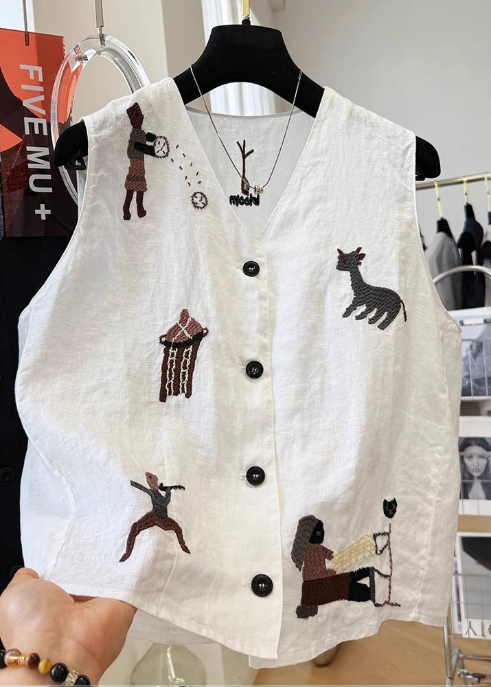 White Vest Sleeveless Embroideried Neck Cotton V Women