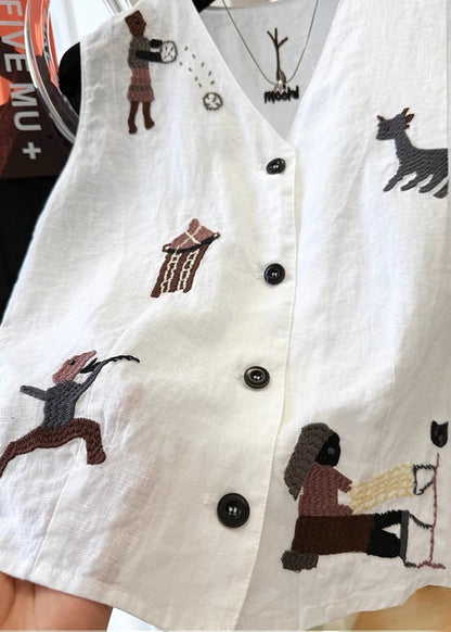 White Vest Sleeveless Embroideried Neck Cotton V Women