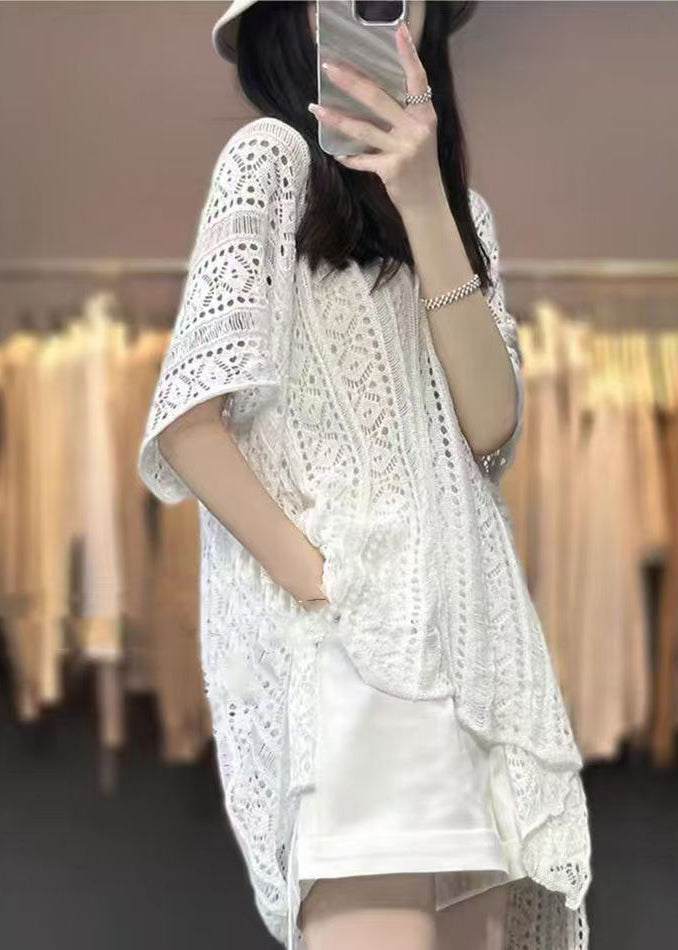 V Shirts Women Hollow Knit Neck T Summer White Out