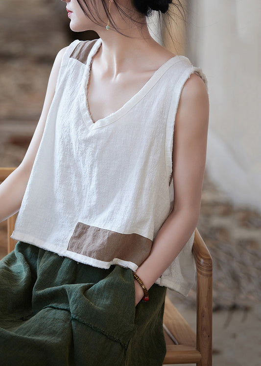 Women White V Neck Patchwork Linen Shirt Top Sleeveless LK003