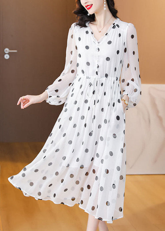 Women White V Neck Print Drawstring Chiffon Dress Lantern Sleeve BB003