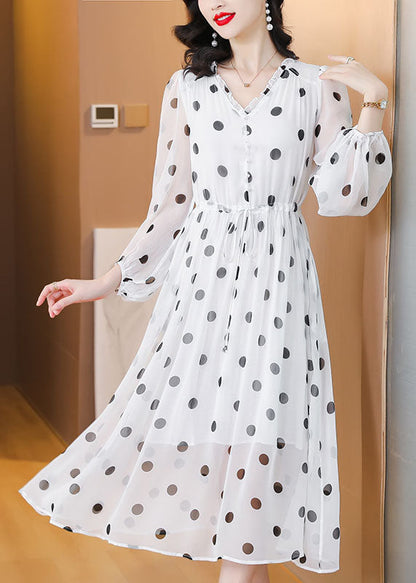 Women White V Neck Print Drawstring Chiffon Dress Lantern Sleeve BB003