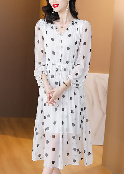 Women White V Neck Print Drawstring Chiffon Dress Lantern Sleeve BB003