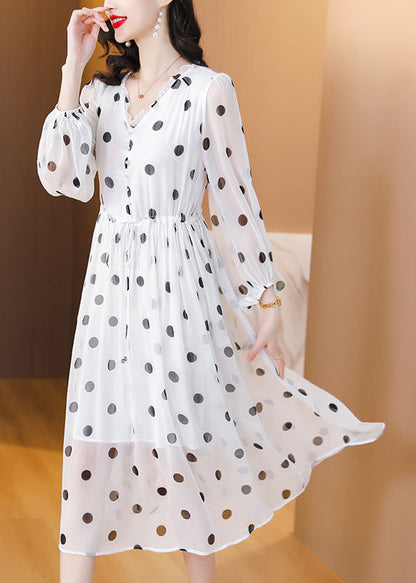 Women White V Neck Print Drawstring Chiffon Dress Lantern Sleeve BB003