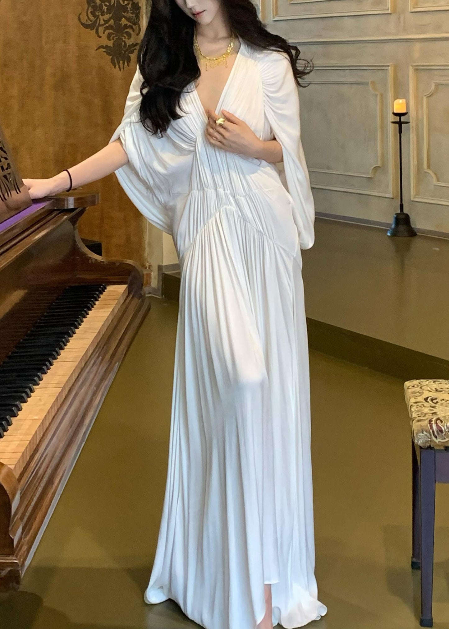 Wrinkled Neck Sleeve V Solid Women Dresses Batwing White