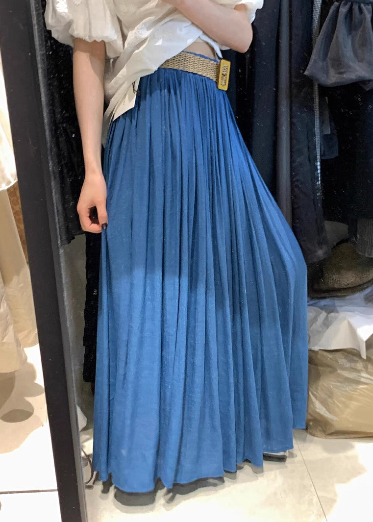 Summer Cotton Elastic Solid Wrinkled Skirts White Women Waist